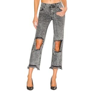 Free People Maggie Mid Rise Straight Leg Jeans 26 Black Acid Wash‎ Distressed
